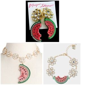 BETSEY JOHNSON SET Crystal-Studded Watermelon Necklace Bracelet & Earrings NWT